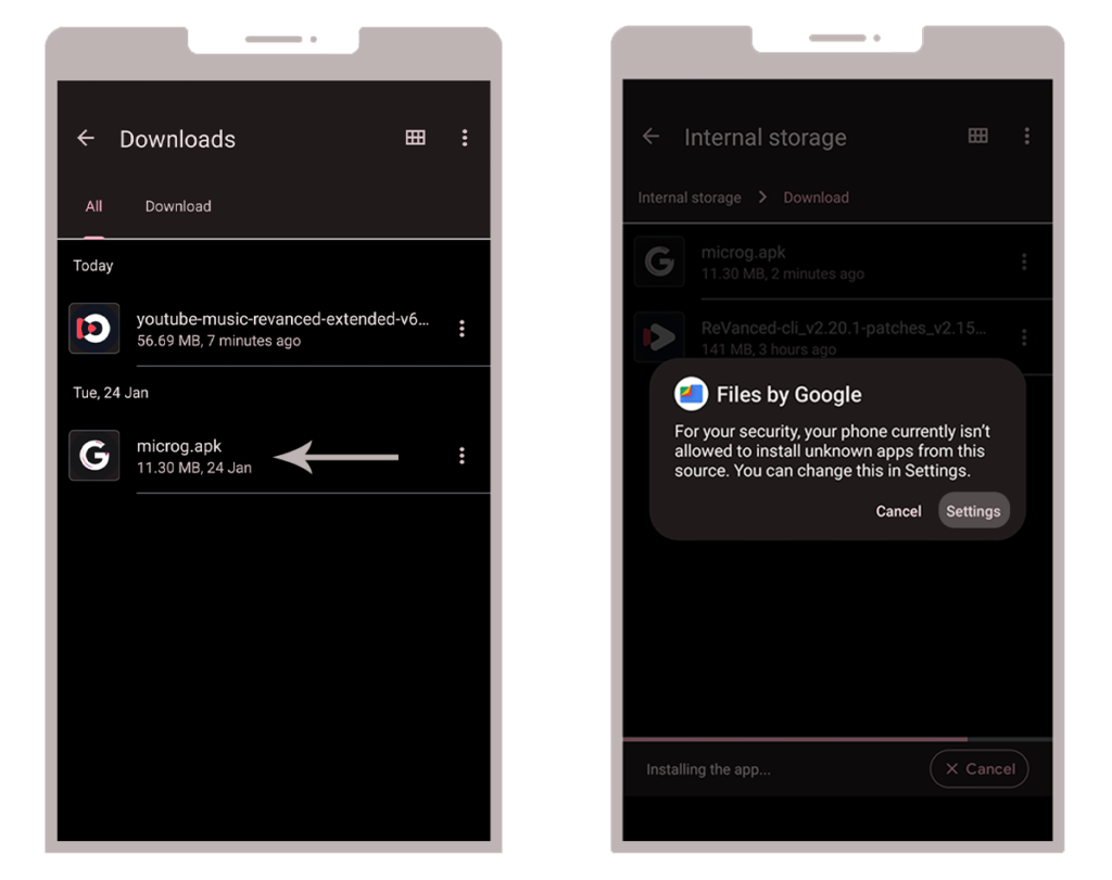 Tapez sur le fichier APK MicroG et installez-le en activant les sources inconnues